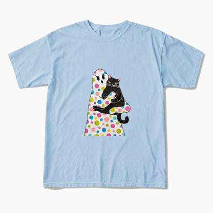 Polka Dot Ghost Cat Hug Halloween T Shirts