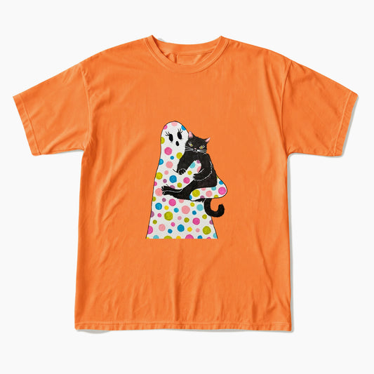 Polka Dot Ghost Cat Hug Halloween T Shirts