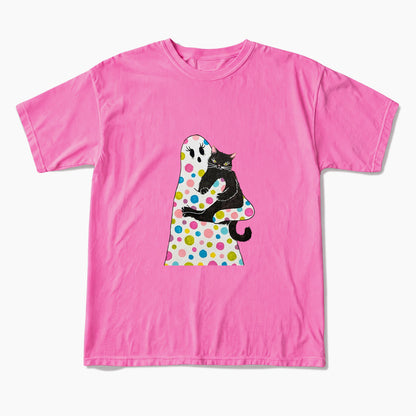 Polka Dot Ghost Cat Hug Halloween T Shirts