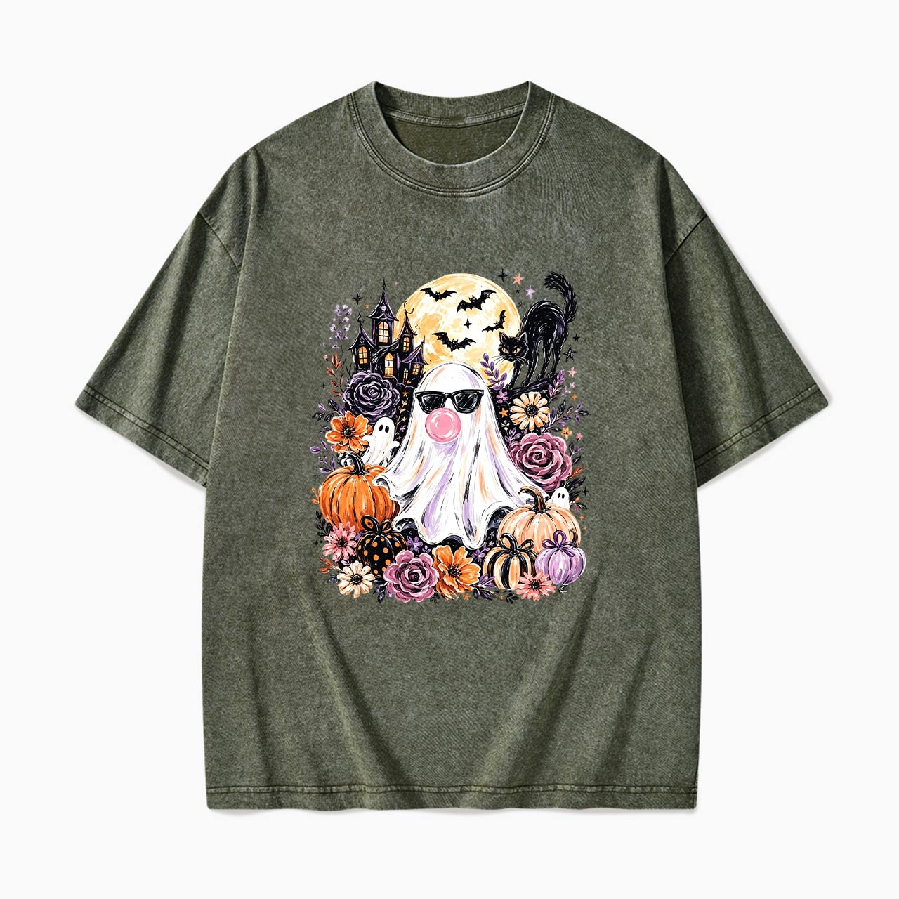 Ghost Blowing Bubble Gum Halloween Washed Tees