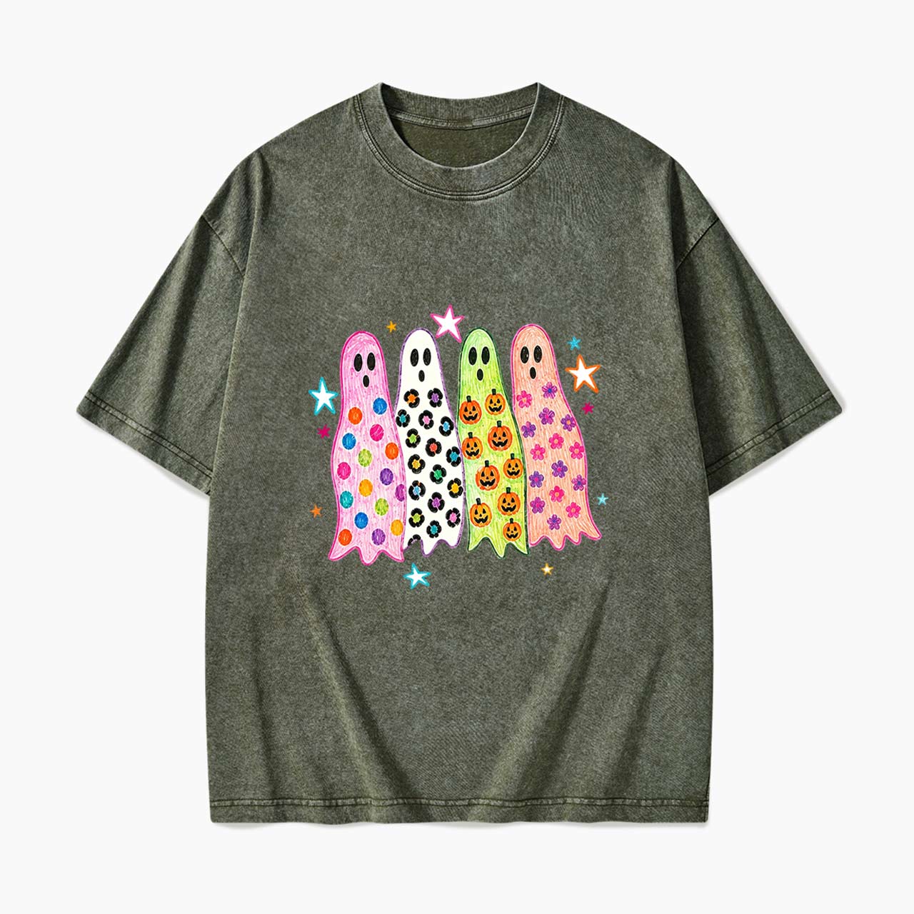 Colorful Leopard Ghost Halloween Washed Tees