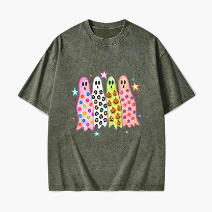 Colorful Leopard Ghost Halloween Washed Tees