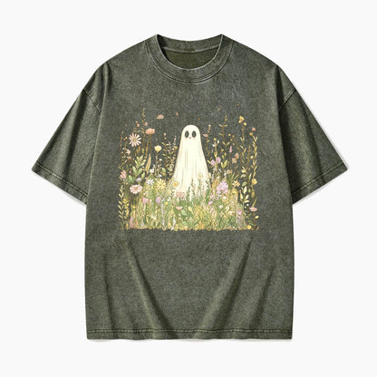 Cute Ghost with Wildflowers Washed Tees