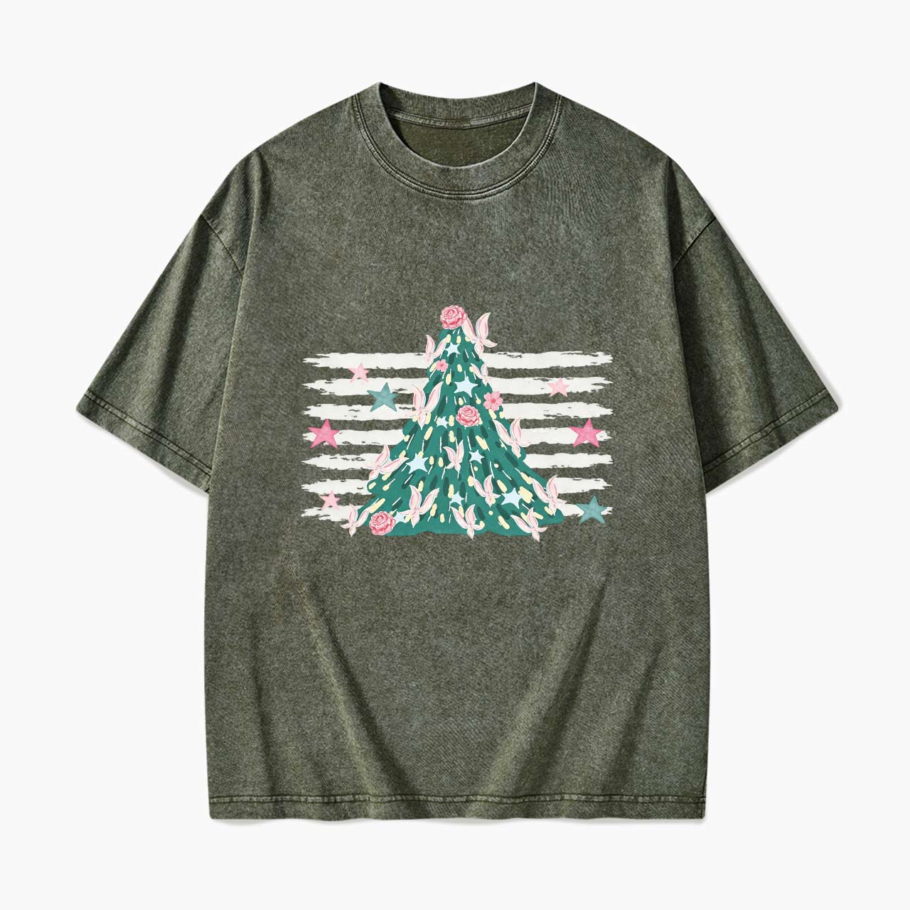 Pink Striped Christmas Tree Christmas Washed Tees