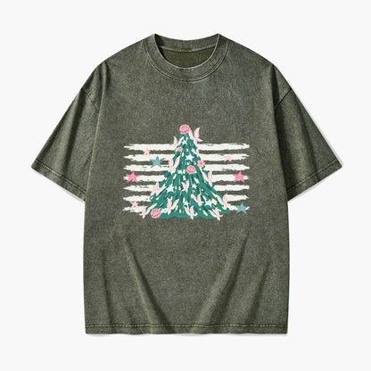 Pink Striped Christmas Tree Christmas Washed Tees