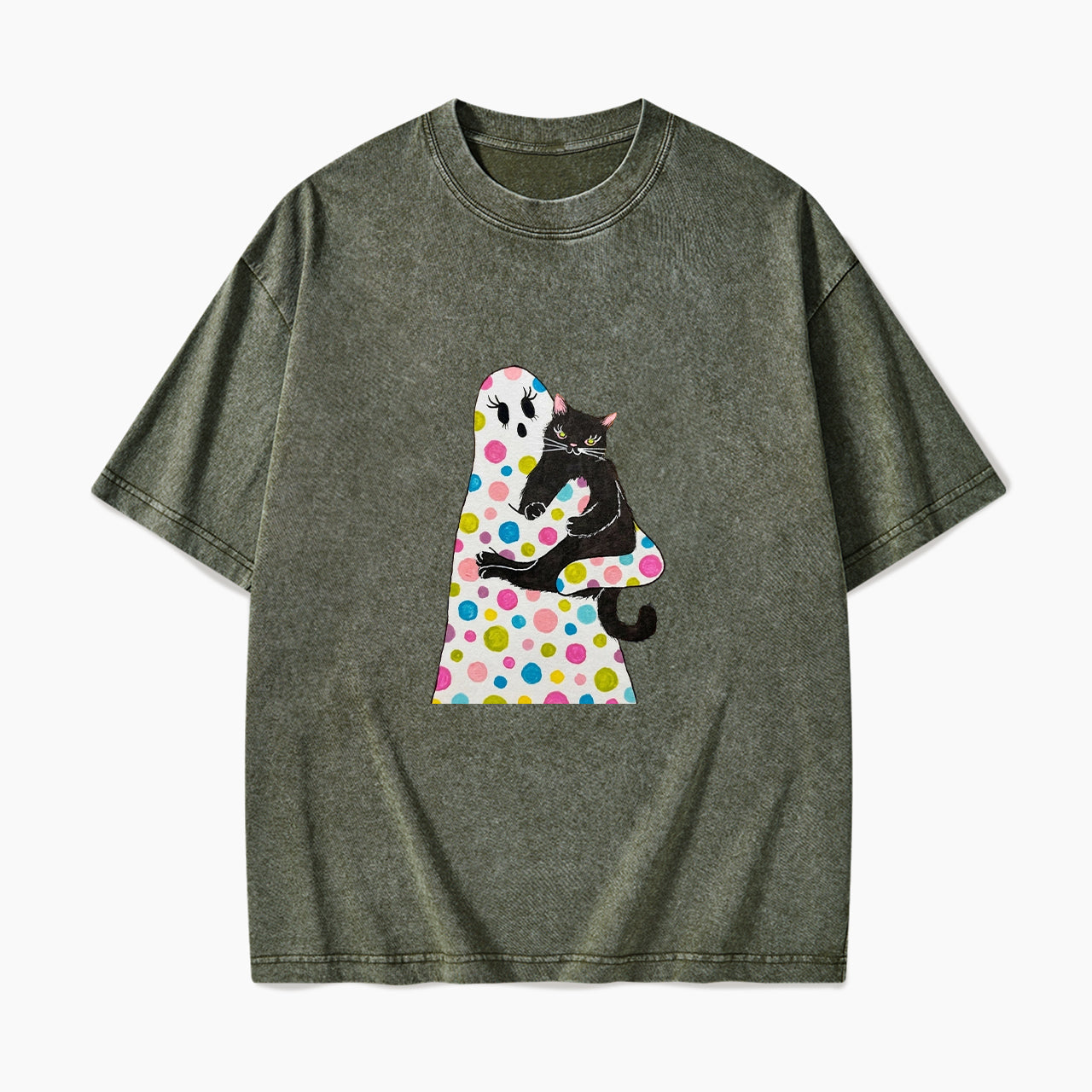 Polka Dot Ghost Cat Hug Halloween Washed Tees