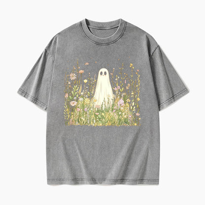 Cute Ghost with Wildflowers Washed Tees