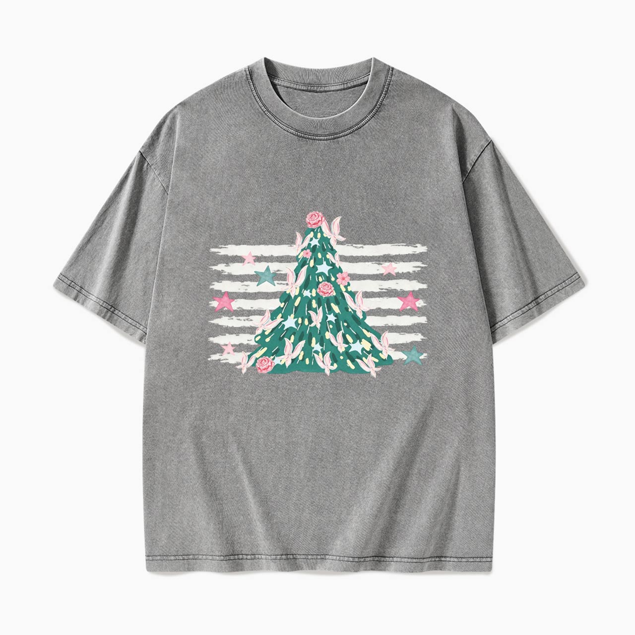 Pink Striped Christmas Tree Christmas Washed Tees