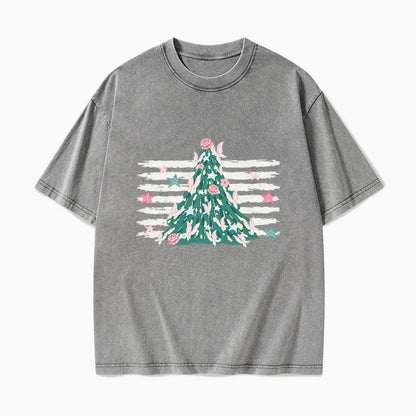 Pink Striped Christmas Tree Christmas Washed Tees