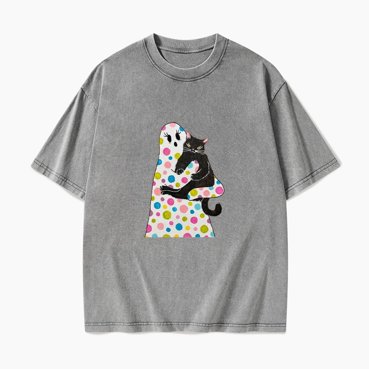 Polka Dot Ghost Cat Hug Halloween Washed Tees