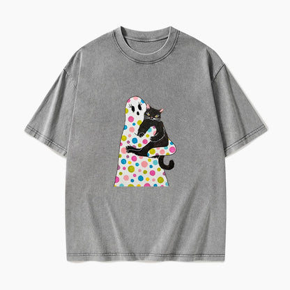 Polka Dot Ghost Cat Hug Halloween Washed Tees