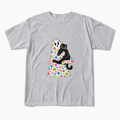 Polka Dot Ghost Cat Hug Halloween T Shirts