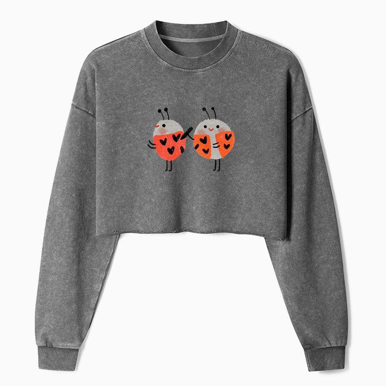 Heart Spotted Ladybugs Crop Washed Sweatshirts