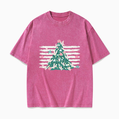 Pink Striped Christmas Tree Christmas Washed Tees