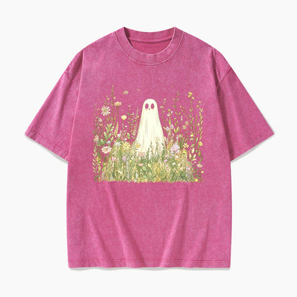 Cute Ghost with Wildflowers Washed Tees
