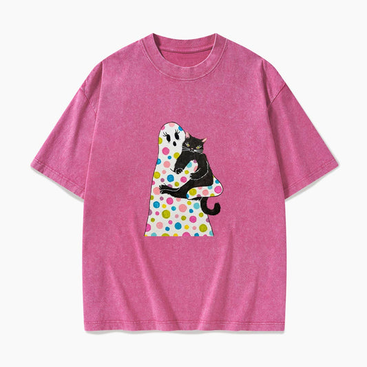 Polka Dot Ghost Cat Hug Halloween Washed Tees