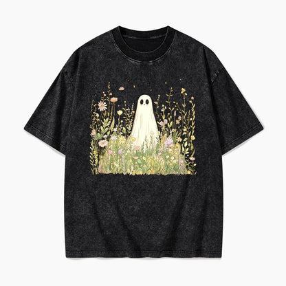 Cute Ghost with Wildflowers Washed Tees