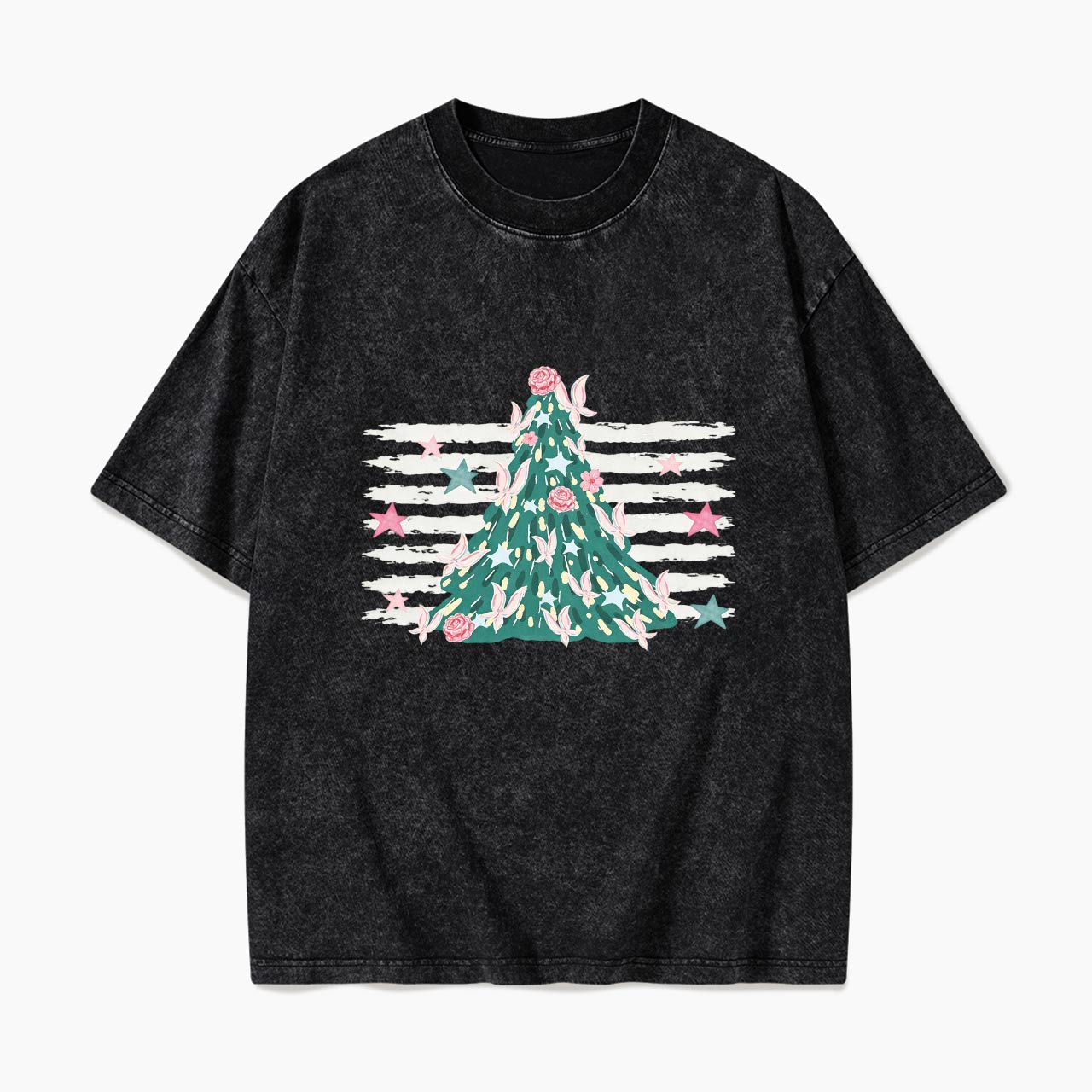 Pink Striped Christmas Tree Christmas Washed Tees