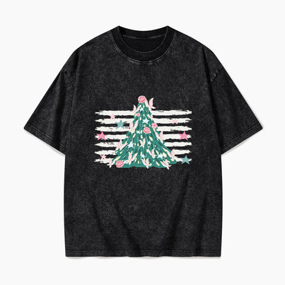 Pink Striped Christmas Tree Christmas Washed Tees