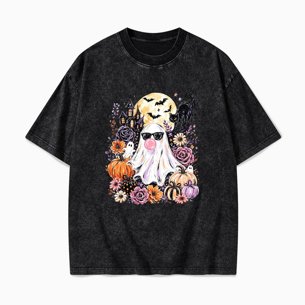 Ghost Blowing Bubble Gum Halloween Washed Tees