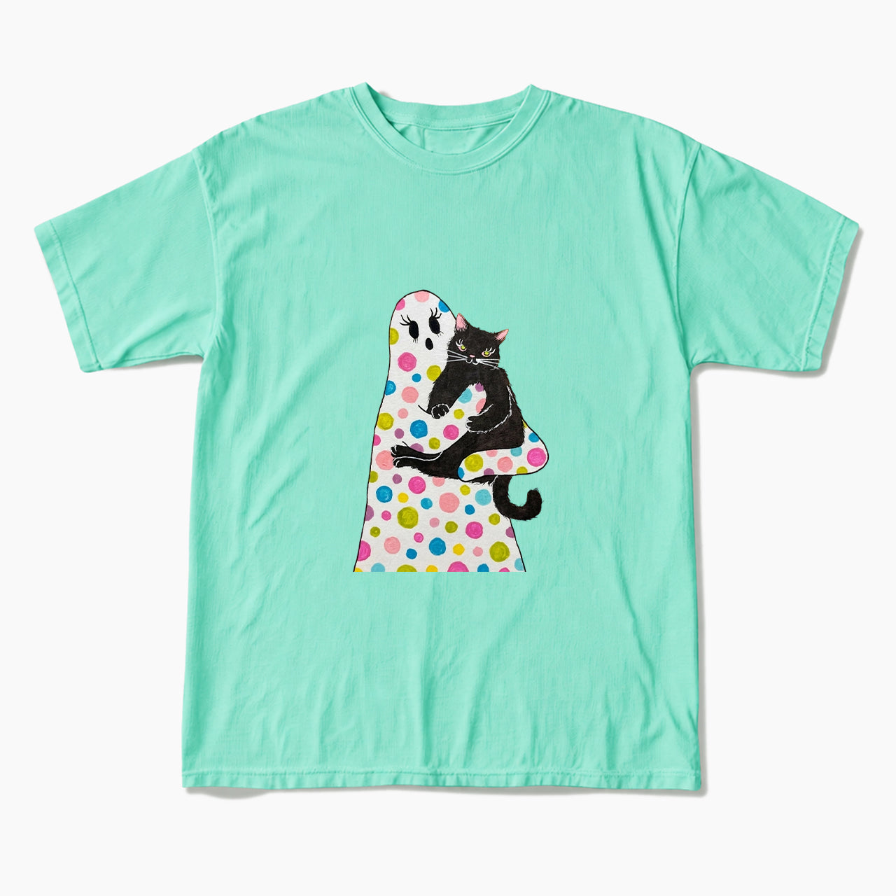Polka Dot Ghost Cat Hug Halloween T Shirts