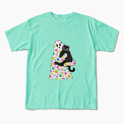 Polka Dot Ghost Cat Hug Halloween T Shirts