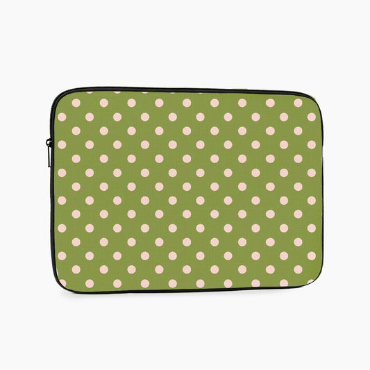 Soft Pink Dots on Green Laptop Sleeve