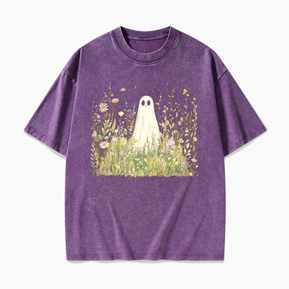 Cute Ghost with Wildflowers Washed Tees