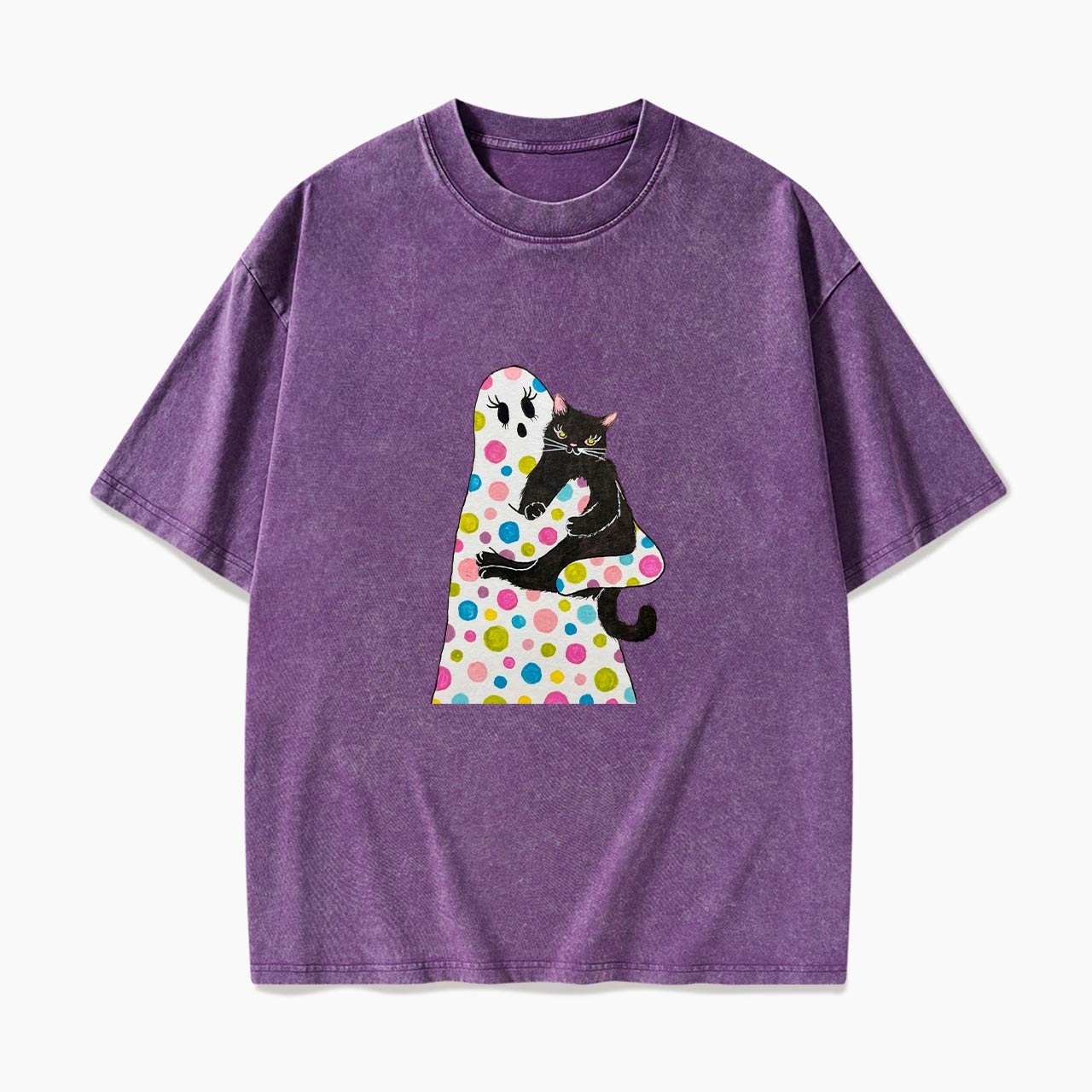 Polka Dot Ghost Cat Hug Halloween Washed Tees