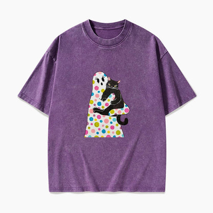 Polka Dot Ghost Cat Hug Halloween Washed Tees