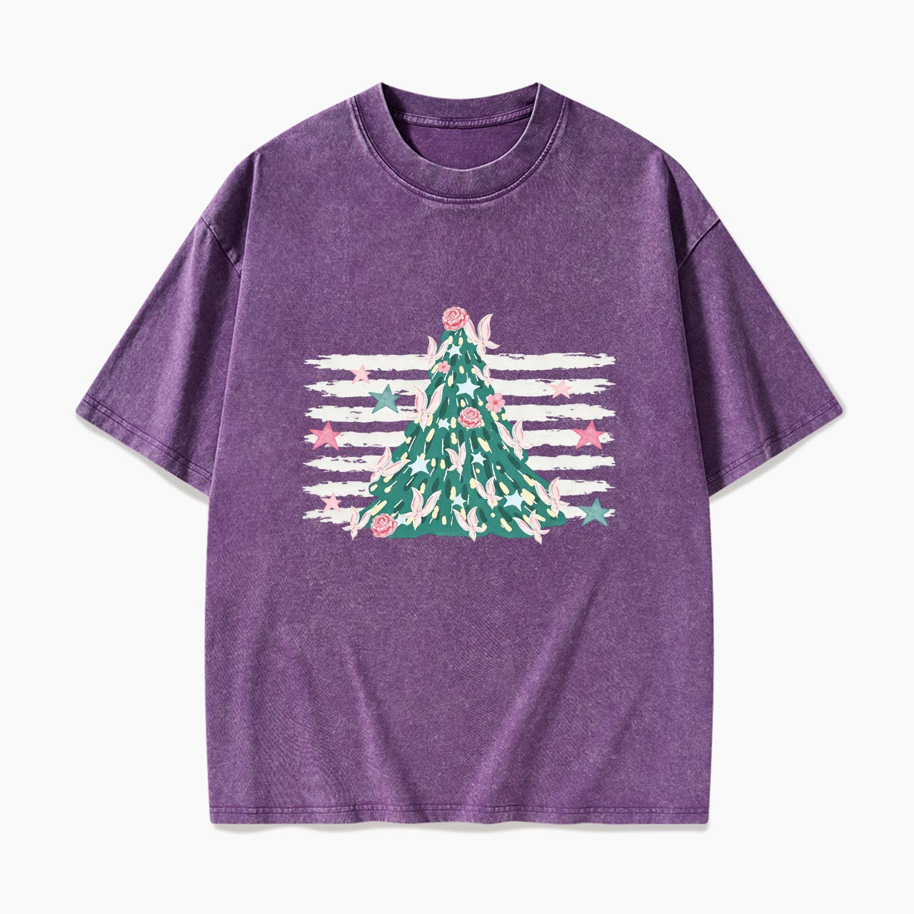 Pink Striped Christmas Tree Christmas Washed Tees