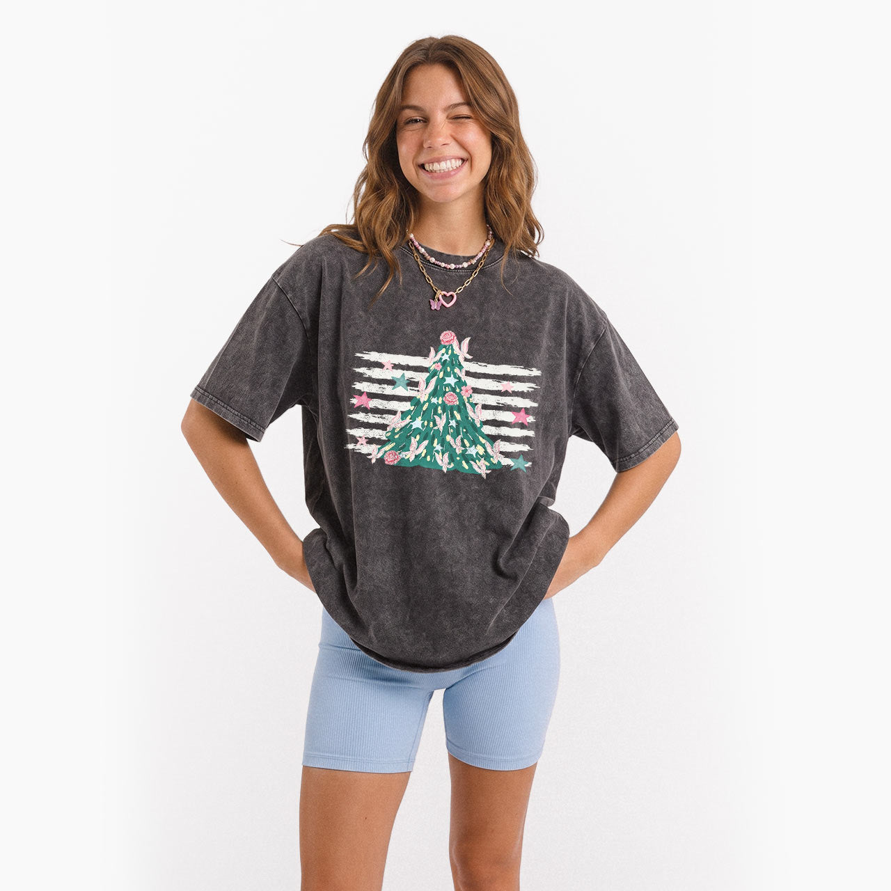 Pink Striped Christmas Tree Christmas Washed Tees