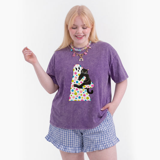 Polka Dot Ghost Cat Hug Halloween Washed Tees