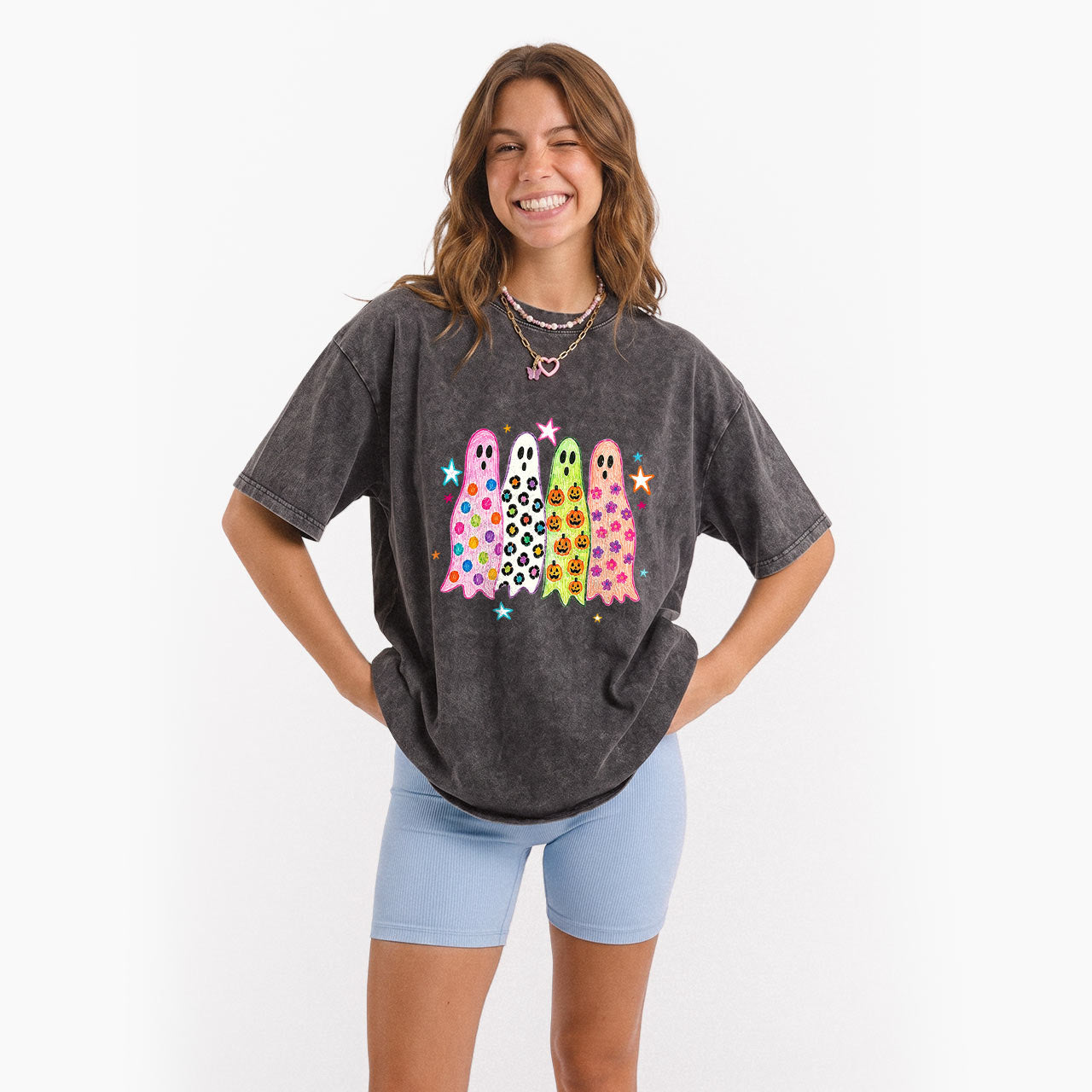 Colorful Leopard Ghost Halloween Washed Tees