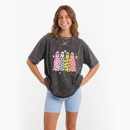 Colorful Leopard Ghost Halloween Washed Tees