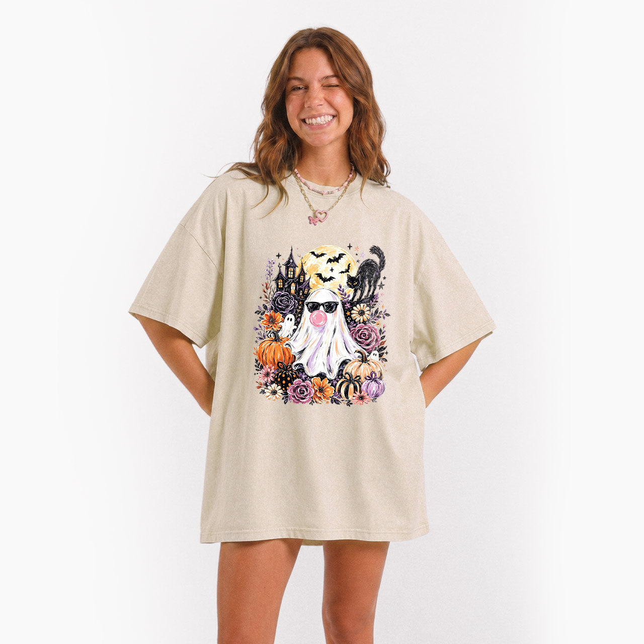 Ghost Blowing Bubble Gum Halloween Washed Tees