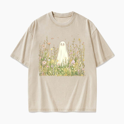 Cute Ghost with Wildflowers Washed Tees
