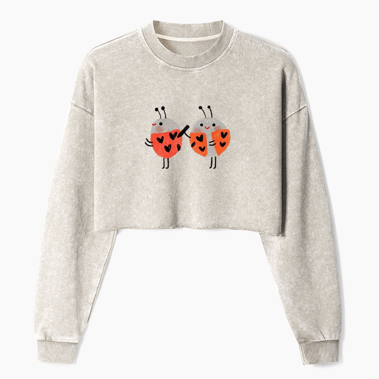 Heart Spotted Ladybugs Crop Washed Sweatshirts