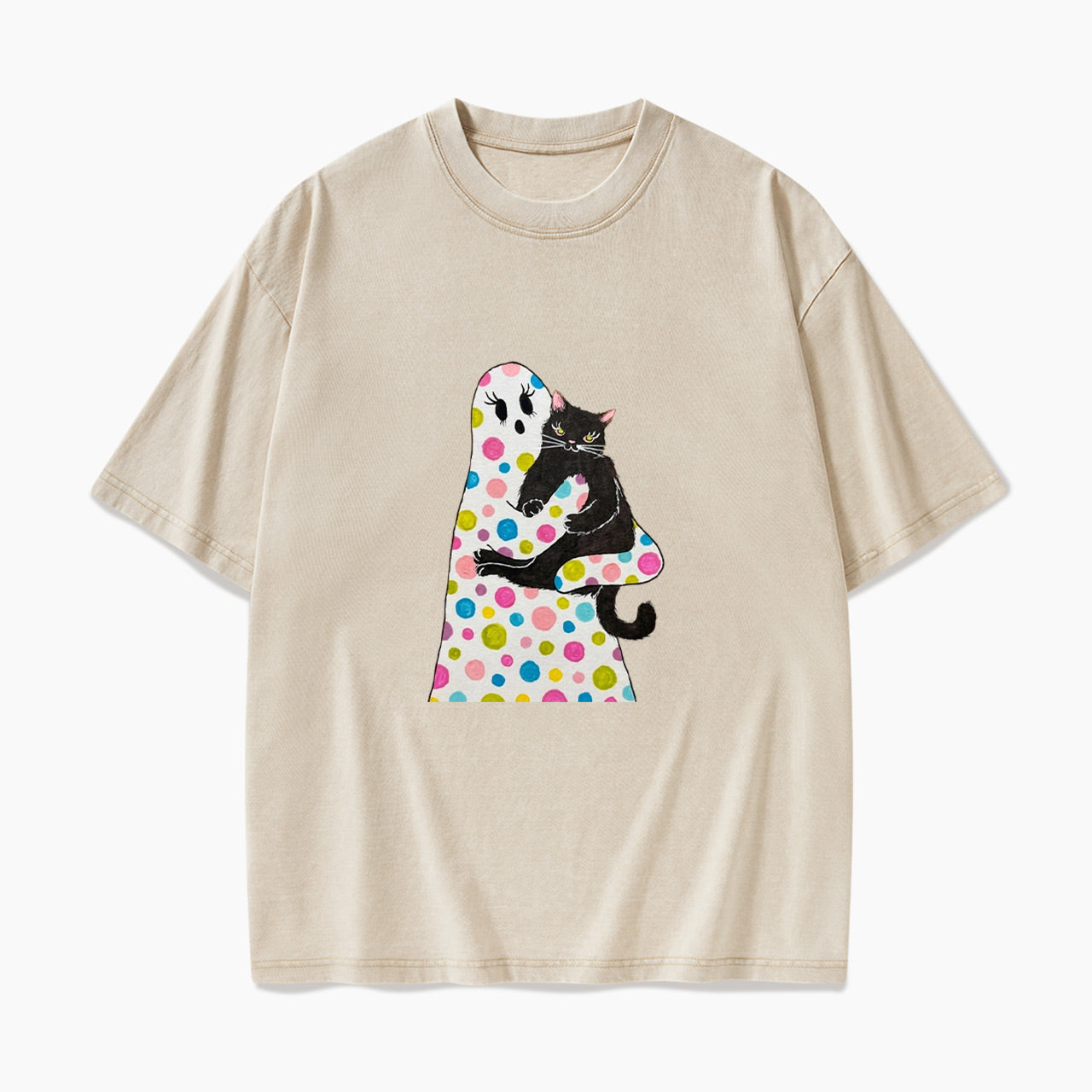 Polka Dot Ghost Cat Hug Halloween Washed Tees