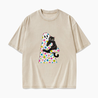 Polka Dot Ghost Cat Hug Halloween Washed Tees