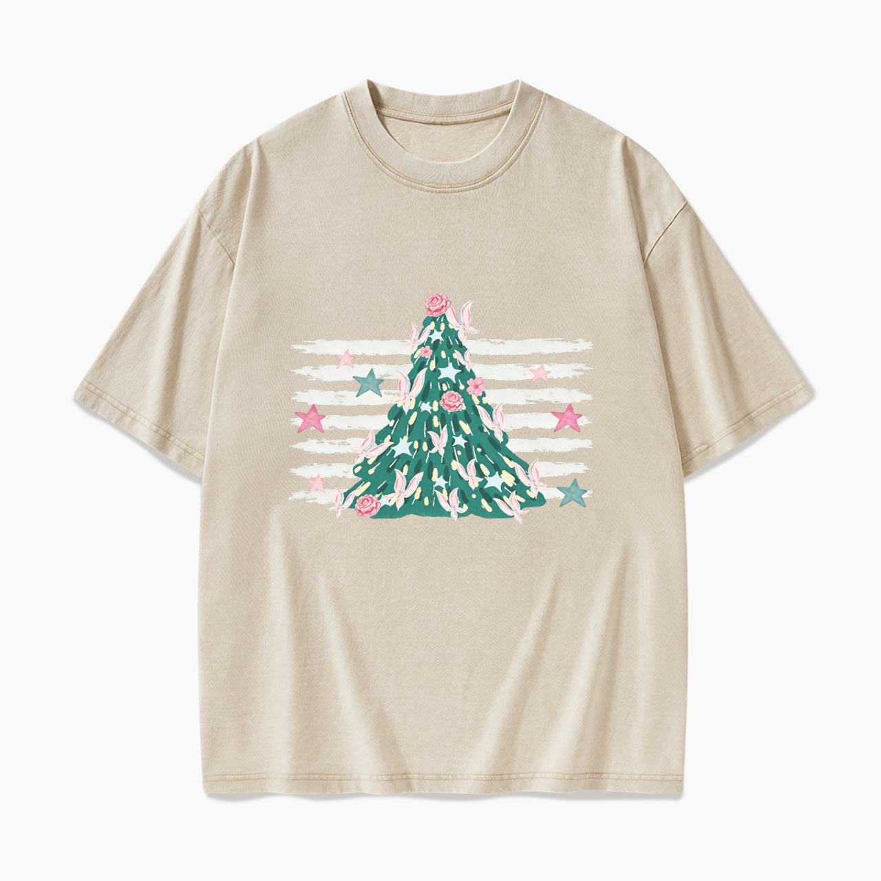 Pink Striped Christmas Tree Christmas Washed Tees