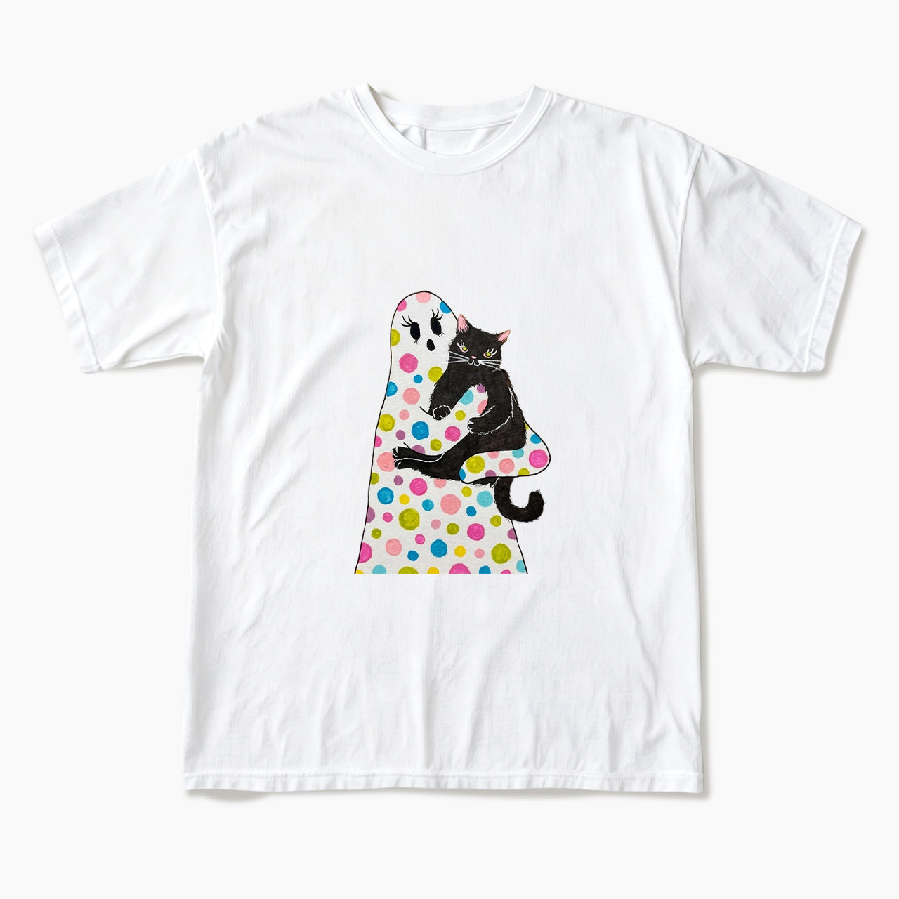 Polka Dot Ghost Cat Hug Halloween T Shirts