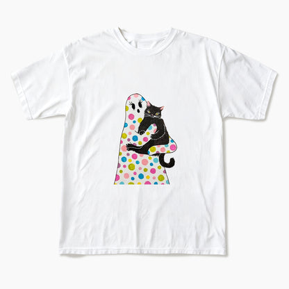 Polka Dot Ghost Cat Hug Halloween T Shirts