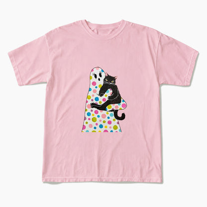 Polka Dot Ghost Cat Hug Halloween T Shirts